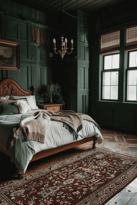 moody green farmhouse bedroom Colonial Farmhouse Bedroom, Dark Farmhouse Decor, Green Farmhouse Bedroom, Country Chic Bedroom, Dark Academia Interior, Country Bedroom Design, Lakehouse Bedroom, Moody Lighting, Green Farmhouse