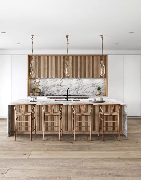 Fluted Kitchen, White Marble Backsplash, Curved Kitchen Island, Curved Kitchen, Timeless Kitchen, Kitchen Island With Seating, White Marble Countertops, Kitchen Island Design, Kitchen Islands