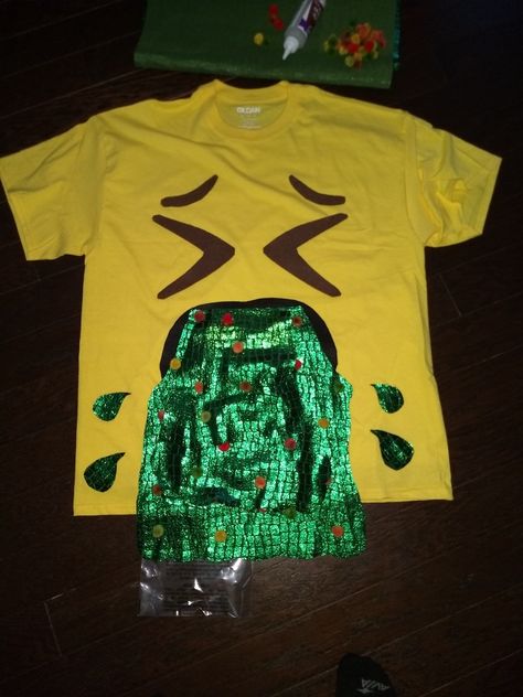 Needed a costume for a group emoji costume. A little felt, fabric and pom poms to a shirt and here we go. Vomit Emoji, Emoji Costume, Work Party, Felt Fabric, Pom Poms, A Group, Pom Pom, Diy Projects, Felt