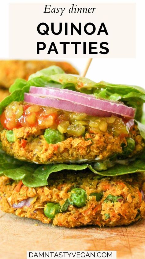 Try these delicious plant-based Quinoa Burgers, seasoned with curry powder and aromatic vegetables and filled with chickpeas and other veggies. Air fry or bake these quinoa patties for a crispy texture. This burger is perfect for meal prep, providing a tasty and nutritious option to enjoy throughout the week. Enjoy the savory flavors and crispy texture of these satisfying Quinoa Burgers that are both healthy and delicious! Lettuce Wraps Healthy Easy, Curry Quinoa, Easy Veggie Burger, Quinoa Curry, Quinoa Patties, Fried Quinoa, Lettuce Wraps Healthy, Easy Quinoa, Vegan Fries