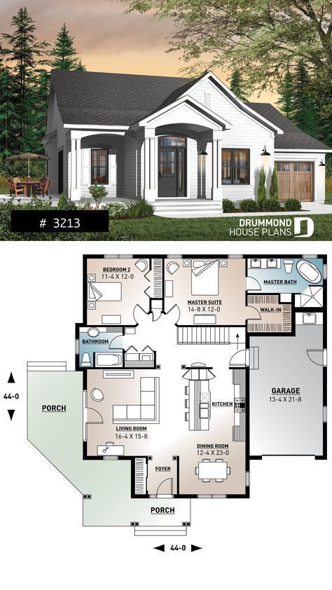 Casa Pequena Bonita Ranch Style Bungalow, Large Master Suite, Style Bungalow, Bungalow Kitchen, Build House, Sims House Plans, Cottage Plan, House With Porch, House Blueprints