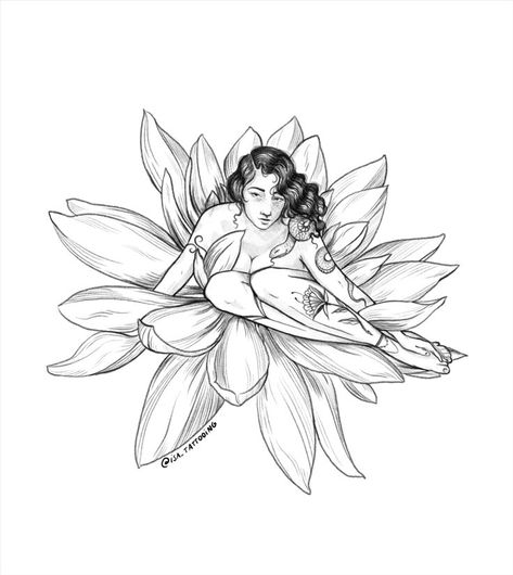 A beautiful pin-up inspired lady, sitting inside lotus flower. She has tattoos and wavy hair. Versions in black on white and white on pink. Woman With Tattoos, Flower Tattoo Designs, Anatomy Art, Lotus Flower Tattoo, Flower Tattoos, Lotus Flower, Wavy Hair, I Tattoo, Tattoos For Women