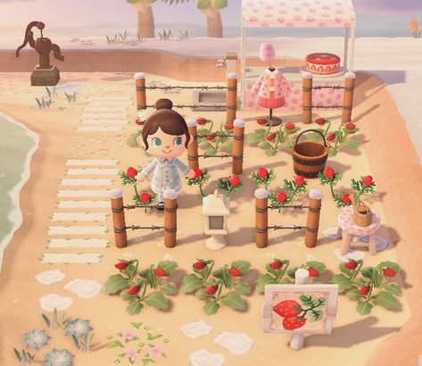 animal crossing strawberry garden Animal Crossing Strawberry Farm, Spring Acnh Ideas, Acnh Berry Farm, Acnh Flower Garden Idea, Strawberry Island Animal Crossing, Animal Crossing Fruit Garden, Pink Villagers Acnh, Acnh Strawberry Fields, Acnh Sweets Shop