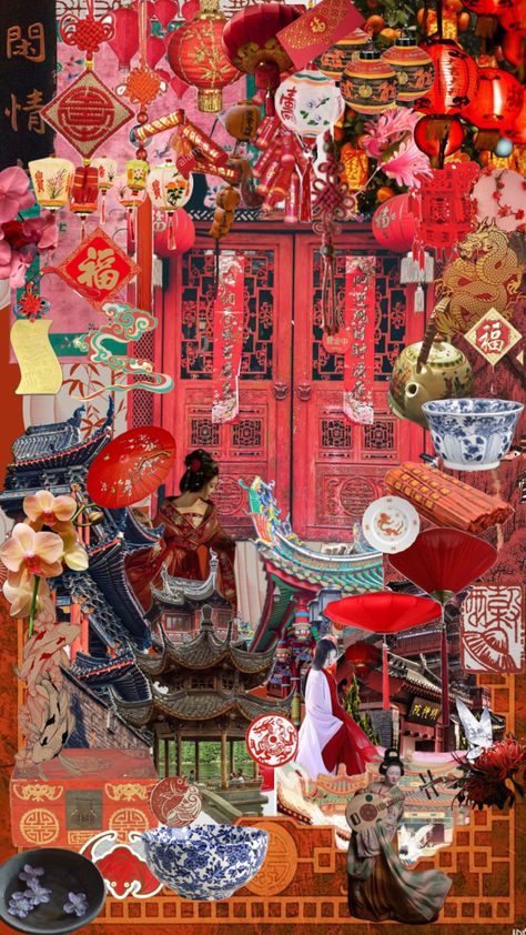 lunar new year 🧧 ⭐️ Ancient Asian Aesthetic, Year Aesthetic, Chinese New Year Poster, New Years Poster, Ancient Beauty, Cat Air, Art Collage Wall, Lunar New Year, New Years Decorations