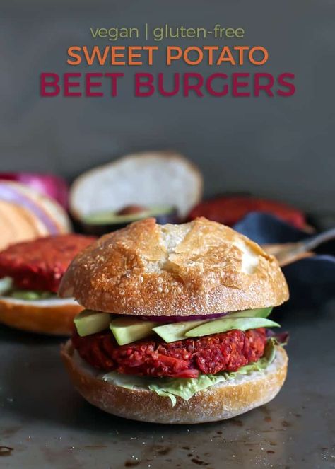 These Sweet Potato Beet Burgers are going to be your new favorite veggie burger. Gluten-free, vegan and perfect for any night of the week! Topped with avocado and a spicy pumpkin aioli! An amazing plant-based meal. | fitmittenkitchen.com | #burgers #sweetpotato #meatlessmonday #meatlesshamburgers #beetburgers #veganburgers #glutenfreeburger #bbqfoods #healthyburger #healthybbq #summerfoods #meatlessburger #vegan #plantbased #plantbaseddinner #plantbasedburger #glutenfree #cleaneating #... Beet Burger Recipe, Beet Burgers, Burgers With Avocado, Keto Mushrooms, Meatless Burgers, Beet Burger, Gluten Free Sweet Potato, Quinoa Sweet Potato, Healthy Burger