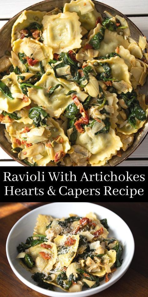 Ravioli with artichoke hearts, capers, sun-dried tomatoes, and spinach is a simple and healthy dish that everyone will love. This ravioli is great to make for lunch or dinner and is the best way to get all your veggies in too! This ravioli is packed with veggies like tomatoes and spinach, making this dish healthy and delicious. Try this flavorful recipe today! Spinach And Artichoke Ravioli, Artichoke Ravioli, Spinach And Ricotta Ravioli, Capers Recipe, Recipe For Beginners, Spinach Recipe, Ravioli Recipe, Artichoke Recipes, Pasta Pasta