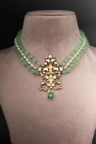 Shop for Osvag India Polki Embellished Pendant Necklace Online at Aza Fashions Neck Pics, Gold Jewelry Prom, Antique Necklaces Design, Fancy Jewelry Necklace, Bridal Jewelry Vintage, Pearl Jewelry Design, Jewellery Necklaces, Beaded Jewelry Necklaces, Handmade Gold Jewellery