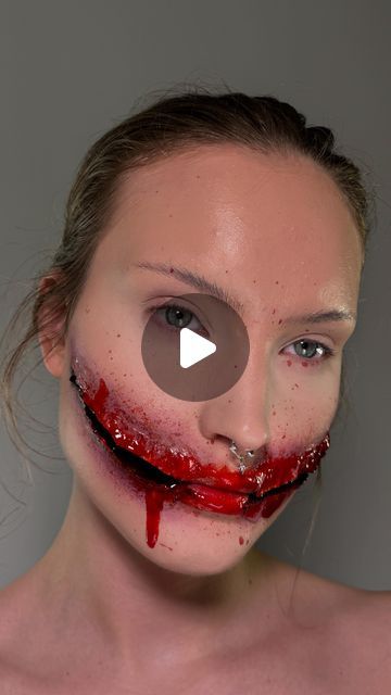 Ane Marie on Instagram: "‼️FAKE BLOOD‼️
Main products:
Liquid latex(you can use lash glue instead)
Paper towel
Black, red, burgundy eyeshadow 
@mehronmakeup fake blood

#halloween #sfx #AD" Easy Halloween Blood Makeup, Blood Drip Makeup Look, Blood Mouth Makeup, Liquid Latex, Gory Halloween Makeup, Liquid Latex Makeup, Blood Splatter Makeup Rhinestones, Sfx Gore, Burgundy Eyeshadow