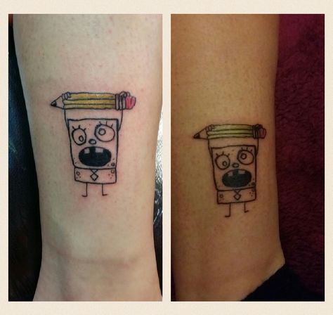 Awesome new tat!!!! So pleased and happy! Doodlebob for life!! Mei hoy meinoi. Rhiannon Jackson @jackson4705 Spongebob Doodlebob Tattoo, Max And Ruby Cake Tattoo, Doodlebob Tattoo, Spongebob Matching Tattoos, Matching Spongebob Tattoos, Spongebob And Patrick Tattoo, Breastfeeding Tattoo, Spongebob Tattoo, Interesting Tattoos