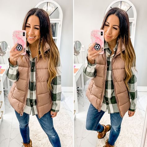 Green Puffy Vest Outfits For Women, Flannel With Puffer Vest, Taupe Puffer Vest Outfit, Tan Puffy Vest Outfit, Tan Puffer Vest Outfits For Women, Tan Puffer Vest Outfit, Cute Comfy Outfits For Fall, Long Puffer Vest Outfit, Brown Vest Outfit