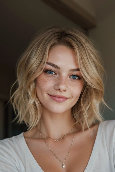 Hairstyles For Blonde Hair Short, Long Bobs For Wavy Hair, Timeless Short Hair, Mid Length Wavy Bob, Blonde Wavy Lob, Natural Wavy Short Haircut, Short Wavy Lob Haircut, Mum Bob, Honey Blonde Hair Bob