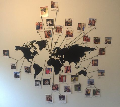 Map Photo Wall - with so many travel photos it was costly to buy individual photo frames. So I printed out Polaroid versions @ www.photobox.co.uk which handily come printed with a caption of your choice. Handy to make note of each destination! Map Photo, Travel Room, Photos Travel, Dorm Room Organization, Wood Photo Frame, World Map Wall, Wall Maps, Travel Wall, Travel Maps