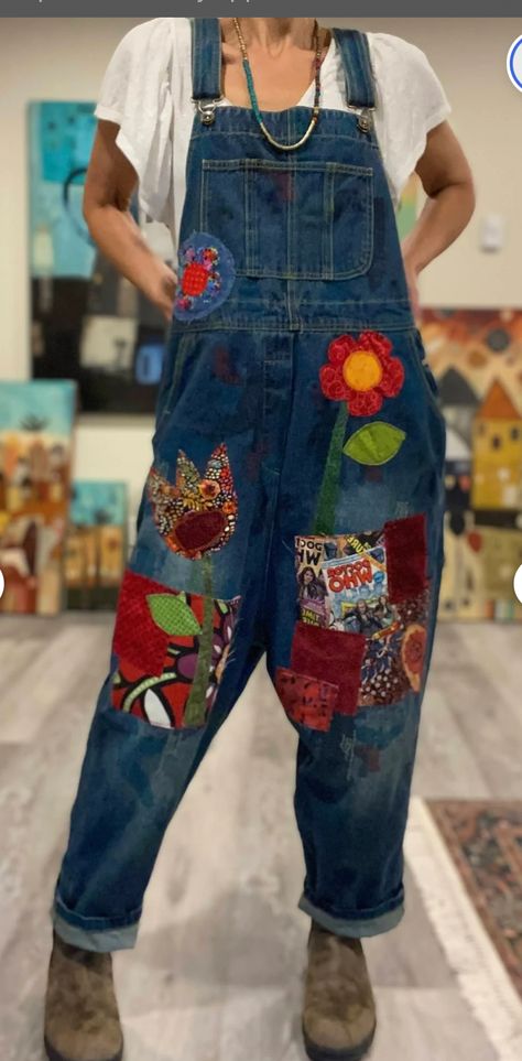 Patches On Overalls, Paint Overalls, Upcycled Overalls, Painted Overalls, Patchwork Overalls, Hippie Jeans, Patched Denim, Patched Denim Jeans, Denim Crafts Diy