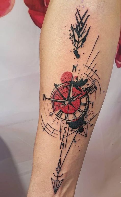 Stand Out With The Unique Trash Polka Tattoos: 50+ Designs Compass Tattoos Arm, Date Tattoo Ideas, Arrow Compass Tattoo, Stammestattoo Designs, Tatuaje Trash Polka, Trash Polka Tattoos, Date Tattoo, Trash Polka Tattoo Designs, Tattoo Trash