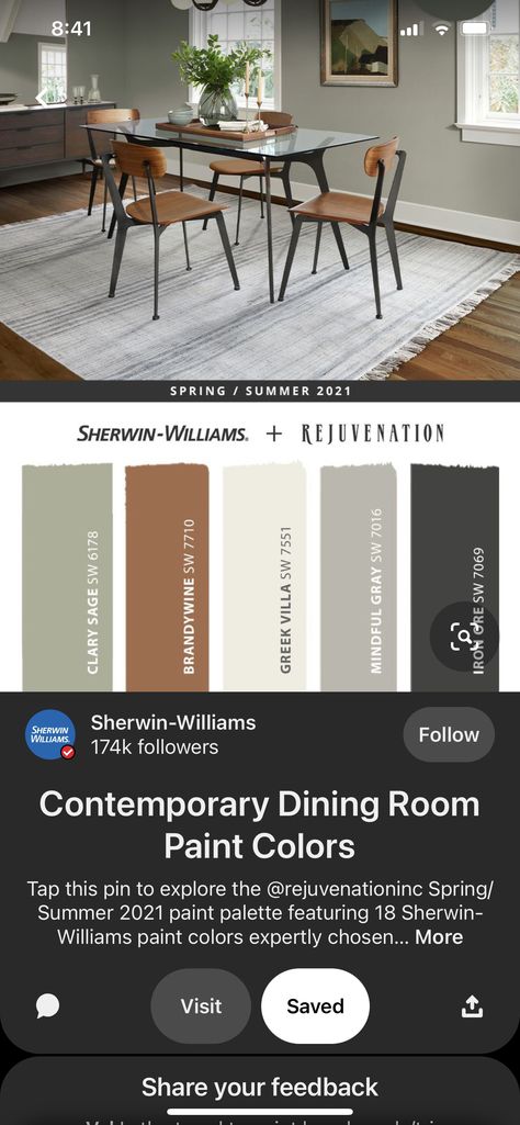 Clary Sage Sherwin Williams, Mindful Gray, Dining Room Paint Colors, Greek Villas, Dining Room Paint, Dining Room Remodel, Sage Color, Clary Sage, Sherwin Williams Paint Colors