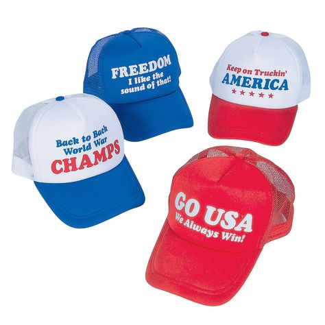 Patriotic+Trucker+Hats+-+OrientalTrading.com Blue Bills, Trucker Hat Ideas, America Freedom, Go Usa, Keep On Truckin, Dyi Gifts, Patriotic Party, Hat Ideas, 4th Of July Party