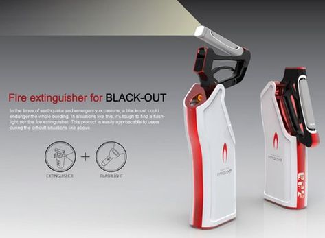 The Extinguisher For Black Out is a design that integrates a flashlight and fire extinguisher into the same body. I think the idea is superb; in an emergency, especially during a fire evacuation, you will need a flashlight and an extinguisher! In any case the flashlight is detachable, so this design makes complete sense. What do you think?: Emergency Equipment, Chan Lee, Safety Products, Industrial Design Sketch, Fire Extinguishers, Yanko Design, Fire Extinguisher, Global Design, Vintage Camera