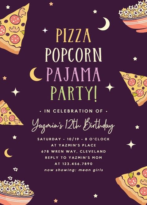 Pizza pajama party - Birthday Invitation Template (Free) | Greetings Island Pizza And Pajamas Christmas Party, Pajamas And Pizza Party, Pajama Party Invitations Template Free, Pizza Party Invitations Free Printable, Pajama Party Invite, Halloween Pajama Party Invitations, Pizza Party Birthday Invitations, Sleepover Invitation, Ward Activities