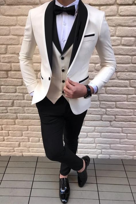 Miabel Fancy Black-and-white Shawl Lapel Waistcoat Wedding Suits Lapel Wedding, Suit Length, White Wedding Suit, Casual Grooms, Blue Tuxedos, White Shawl, Groom Tuxedo, Black Shawl, White Tuxedo