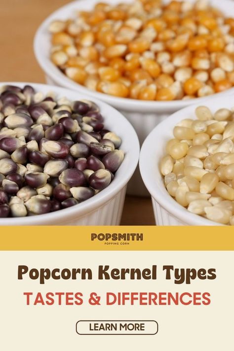 Did you know that there are different types of popcorn kernels and that what you pick can influence the quality of your gourmet popcorn? Join us as we go over the types of popcorn kernels and how they vary based on shape, color, and taste. Plus, find out what kernels we recommend for specific flavored popcorn recipes like homemade kettle corn and buttery stovetop popcorn. Visit the Popsmith blog now! | easy snacks Healthy Popcorn Toppings, Types Of Popcorn, Salty Party Snacks, Gluten Free Party Snacks, Healthy Salty Snacks, Homemade Kettle Corn, Flavored Popcorn Recipes, Vegan Party Snacks, Healthy Party Snacks