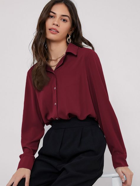 Burgundy Basics  Long Sleeve Polyester Plain Shirt Embellished Non-Stretch Spring/Fall Women Tops, Blouses & Tee Maroon Top Outfit, Maroon Shirt Outfit, Maroon Outfit, Curved Hem Shirt, Leather Blouse, Burgundy Outfit, Burgundy Shirt, Maroon Blouse, Maroon Shirts