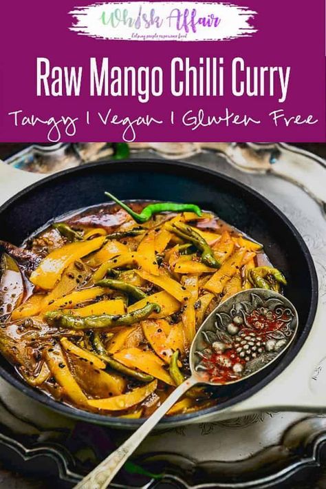 With most of the ingredients available right in your house, preparing Kairi aur Mirch ki Sabzi would surely be like a cake walk. Here is how to make it. #Raw #Mango #Recipes #Indian #Rajasthani #Maincourse via @WhiskAffair Raw Mango Recipes Indian, Mango Recipes Indian, Raw Mango Recipes, Mango Chili, Indian Curry Recipes, Mango Curry, Indian Veg Recipes, Green Mango, Curry Recipes Indian