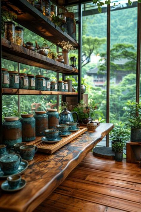 Apothecary Tea Bar, Japanese Tea Shop Aesthetic, Tea Area In Kitchen, Teahouse Aesthetic, Tea House Aesthetic, Small Tea Room, Tea Room Aesthetic, Tea Station Ideas, Tearoom Ideas