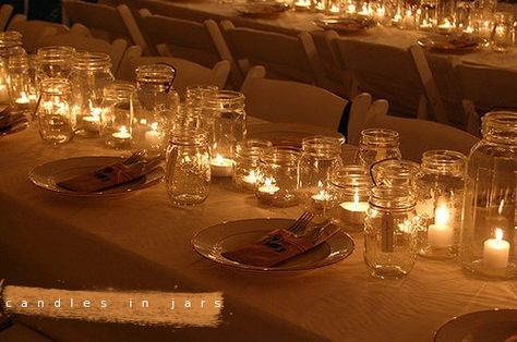 More candles please Outdoor Party Decorations, Mason Jar Centerpieces, Tin Cans, Mason Jar Lighting, Ball Jars, Mason Jar Candles, Party Lights, Recycled Bottles, Lighting Inspiration