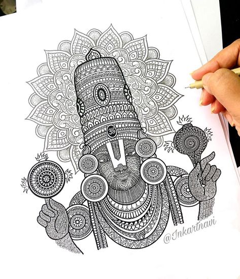 Govinda Mandala Art, Venkateswara Swamy Drawing Easy, Tirupati Balaji Mandala Art, Balaji Mandala Art, Kedarnath Mandala Art, Krishna Pen Drawing, Perumal Drawing, Balaji Drawing, God Mandala Art