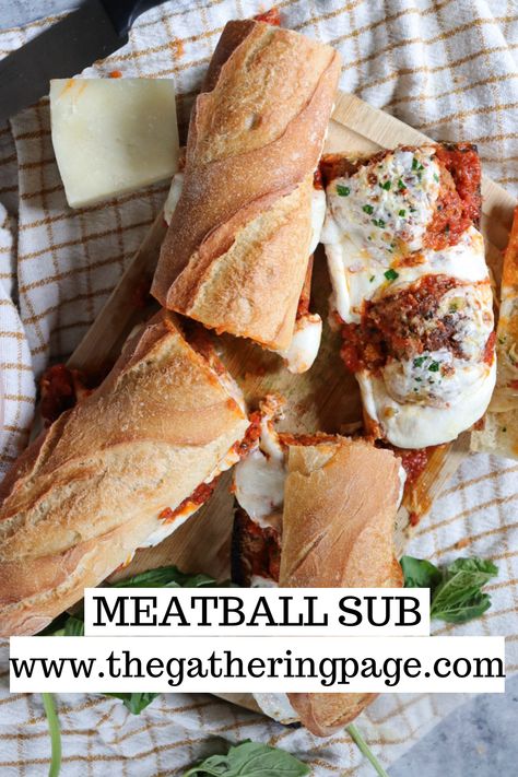 This meatball sub is packed with flavor! Homemade meatballs, tomato basil sauce, Pecorino Romano and mozzarella cheese, fresh basil, and homemade garlic butter all served on a Parisian baguette. Enjoy! Meatball Baguette, Meatball Sub Recipe, Butter Homemade, Baguette Sandwich, Homemade Garlic Butter, Meatball Sub, Meatball Sandwich, Best Meatballs, Weeknight Recipes