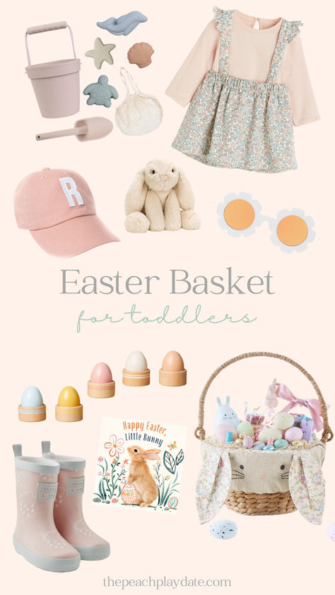 Easter basket ideas for a toddler girl. Check out thepeachplaydate.com for links! Easter For Toddlers Basket Ideas, Easter Baskets For Toddlers Girl, Easter Basket For 1 Year Girl, Two Year Old Easter Basket, Vintage Easter Basket Ideas, Toddler Easter Basket Ideas Girl, Easter Basket For One Year Old, Easter Basket For Toddler Girl, Easter Basket 1 Year