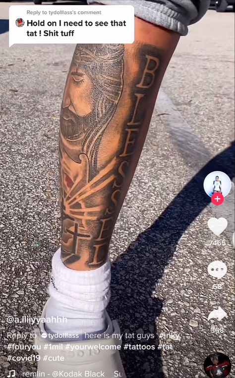 Tattoo Ideas For Men Meaningful Leg, Bible Verse Leg Tattoos For Men, Blessed Leg Tattoo, Calf Sleeve Tattoo Men Calves, Side Calf Tattoo Men, Christian Leg Tattoo Men, Front Shin Tattoo Men, Calf Tattoo Men Ideas, Leg Tattoo Men Lower