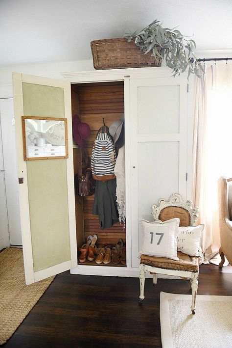 Entryway armoire - a great way to add storage to an entryway. If the closet is too small or if there isn't a closet an armoire adds amazing storage that you can hide away the mess! Entry Armoire, Entryway Armoire, Armoire Repurpose, Tiny Entryway, Armoire Diy, The Found Cottage, Armoire Makeover, Armoire Storage, Entryway Closet