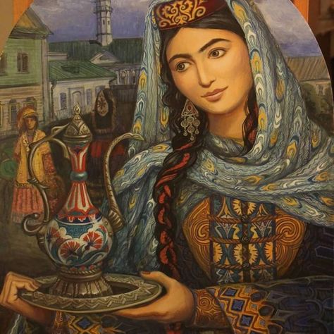 Tatar Aesthetic, Russian Clothing, Woman Art, Arte Inspo, Islamic Fashion, Classical Art, Folk Costume, Central Asia, Woman Painting