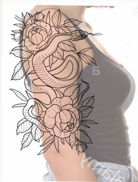 Half sleeve, snake and roses tattoo Snake And Rose Sleeve Tattoo, Snake Half Sleeve Tattoos For Women, Female Snake Tattoo Arm, Floral Tattoo Half Sleeve Shoulder, Half Sleeve Tattoos For Women Upper Arm Snake, Snake Sleeve Tattoo Women, Snake And Vine Tattoo, Simple Half Sleeve Tattoo, Snake With Flowers Tattoo Arm