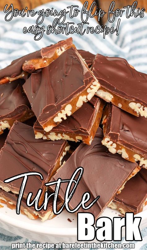 Turtle Bark Recipe, Turtle Bark, Candy Bark Recipes, Caramel Pecans, Bark Candy, Chocolate Turtle, Chewy Caramel, Chocolate Turtles, Candy Bark