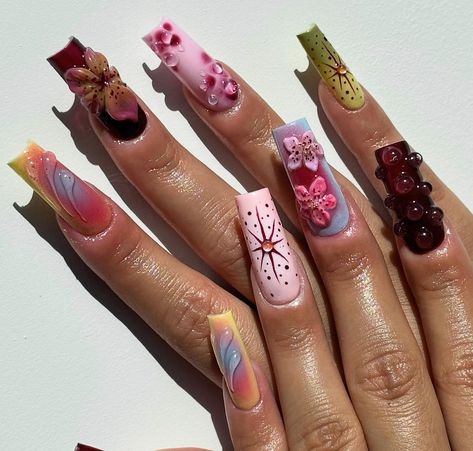 Gel X Nails 3d Art, Square Gel X Nail Designs, Sculpted Flower Nails, Gel X Summer Nails, Gel X Nails Square, Long Square Nails Designs, Square Gel X Nails, Nail Editorial, Long Nails Aesthetic