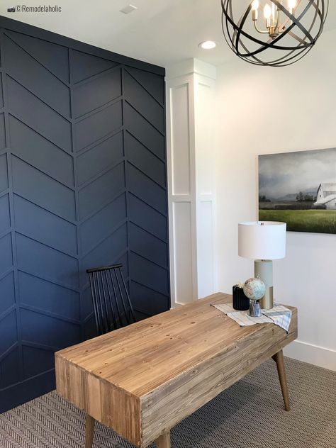 Get lots of idea for decorative wall panels like this Navy fretwork wall in herringbone pattern in a home office. UVPH 2018 Home 17 Millhaven Homes, Four Chairs Furniture & Design, Photo by Remodelaholic.com #homeoffice #walls #walltreatments Millhaven Homes, Textured Wall Panels, Wall Panels Bedroom, Wall Panel Design, Bedroom Panel, Decorative Wall Panels, Studio Interior, Design Photo, Herringbone Pattern