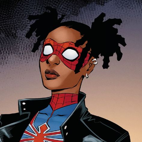 Uk Spider Woman, Spider Uk Marvel, Zarina Zahari Spiderman, Spider Verse Characters, Black Comic Characters, Spider Uk, Spider Zero, Uk Icon, Deadpool And Spiderman