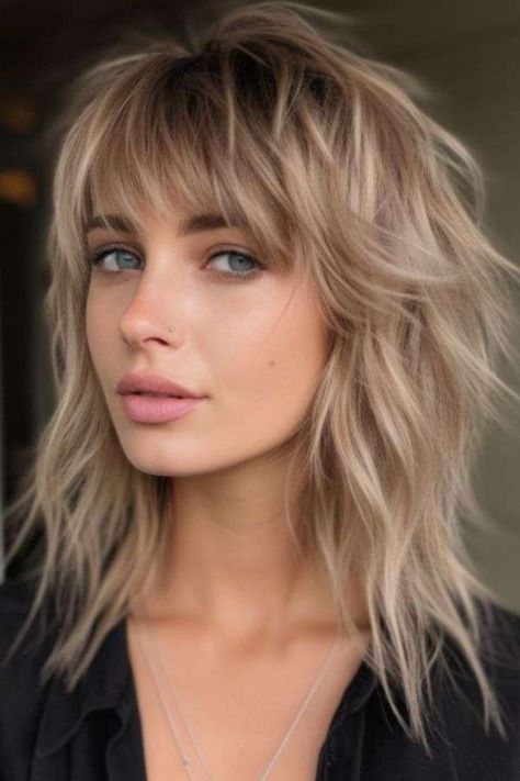 Mid Length Rocker Hair, Medium Length Shullet, Rockstar Haircuts Women Long, Shullet Cut, Womens Rockstar Hair, Medium Shaggy Hairstyles, Rocker Hair, Brassy Hair, Hair Highlights And Lowlights