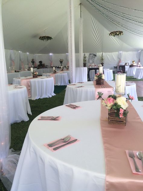 Wedding tables with pink runners. Round White Table, Pink Runner, Table Runners Wedding, Pink Table, Wedding Tables, Pink Party, Pink Parties, White Table, Grad Party