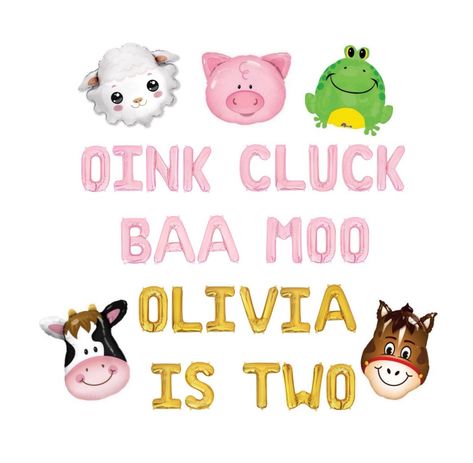 "Letter Balloons are roughly 13.5 inches tall when inflated This listing includes one set of balloons that spells out OINK CLUCK BAA MOO **NAME** IS TWO  Include custom name in personalization box Balloons come flat and deflated Set comes in baby pink and gold letters; please leave a note if you want a different letter balloon color You can inflate them yourself with air and a straw The letter balloons are meant to be hung or taped to the wall  The letter balloons are not made to float with helium Each package includes: Straws for inflating the balloons & String for hanging the balloons Add-on's include: Cow Balloon - 32\" Pig Balloon - 30\" Horse Balloon - 32\" Sheep Balloon - 23\" Toad Balloon - 32\" Balloons come flat and deflated You can inflate the animal balloons yourself with air an With An Oink And A Moo Heres To Two, Oink Moo Cockadoodle Doo 2nd Birthday Girl, Oink Moo Cockadoodle Two Birthday, Oink Baa Moo Im Two, Sheep Balloon, 2nd Birthday Party Decorations, Two Balloon, Pig Balloon, Horse Balloons