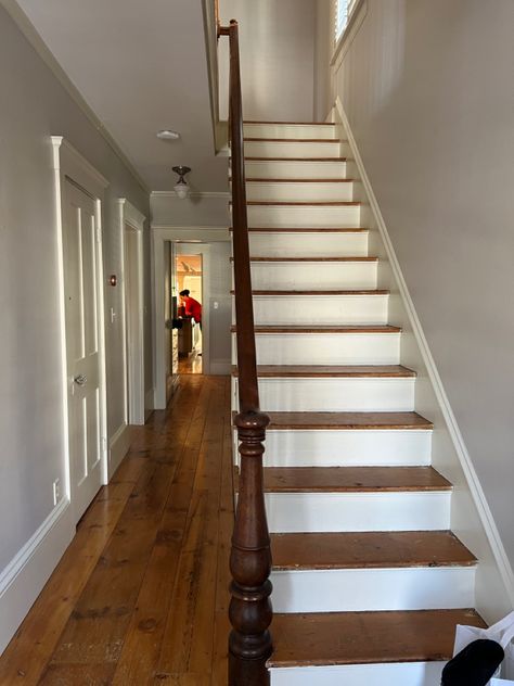 Historic Staircase Renovation, Country Staircase, Entry Staircase, Victorian Stairs, Victorian Staircase, Straight Stairs, Victorian Hallway, Stair Banister, Greek Revival