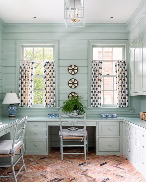 Herringbone Brick Floor, Cathy Kincaid, 1920 Home, Millwork Details, Brick Pavers, Brick Flooring, Coffered Ceiling, A Kitchen, Design Inspo