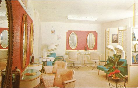 Salon Denise Hamel, Montreal Quebec 60s Hair Salon Aesthetic, Vintage Beauty Salon Aesthetic, Vintage Hair Salon Aesthetic, 50s Salon, Retro Beauty Salon, Vintage Salon Decor, Beauty Studio Ideas, Vintage Hairdresser, Vintage Beauty Salon