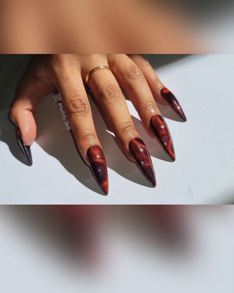 Cateye Polish, Red Cateye Nails, Aries Birthday, Nails Red, Cat Eye Nails, Nails 2023, Brown Nails, Birthday Nails, Dream Nails