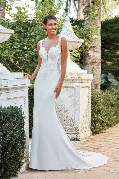 Sincerity Bridal - Style 44196: Crepe Gown with Side Cutouts and Illusion Lace Train Sincerity Bridal Wedding Dresses, Debutante Dresses, Sincerity Bridal, Bella Bridal, Crepe Gown, Blush Bridal, Justin Alexander, Back Wedding Dress, Wedding Dress Pictures