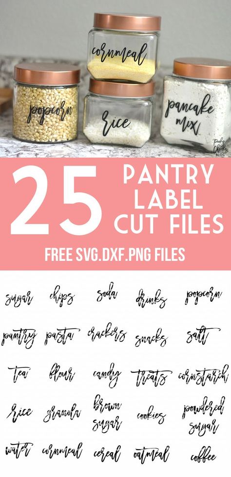 Pantry Labels - free cut files for Silhouette and Cricut. Get your pantry organized. Pantry Labels Svg, Pantry Labels Printable, Diy Pantry Labels, Free Pantry Labels, Free Silhouette Cut Files, Kitchen Labels, Diy Pantry, Diy Labels, Spice Labels