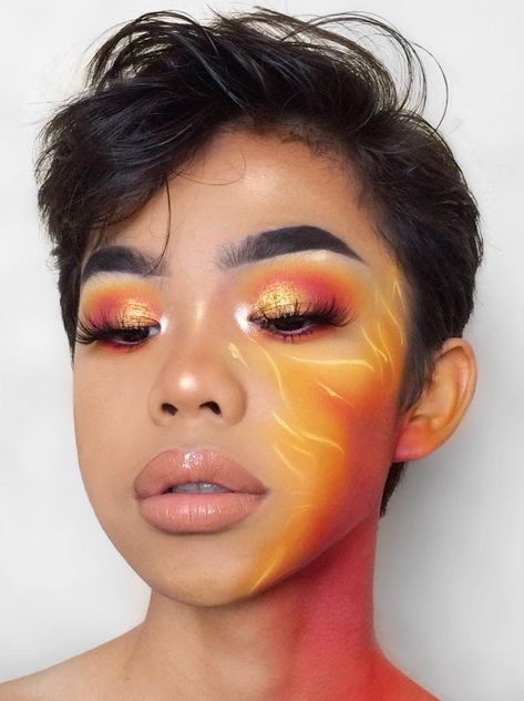 Avatar Makeup, Fire Makeup, Sunset Makeup, Glam Wedding Makeup, 25mm Lashes, Art Boy, Halloween Makeup Inspiration, Male Makeup, Creative Eye Makeup