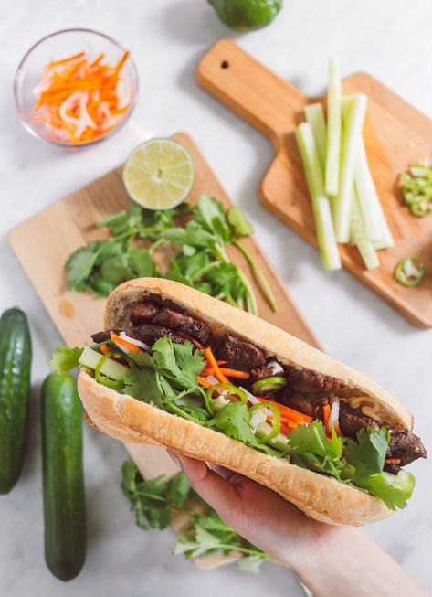 Extra (Ap)Petite: Vietnamese Pork (for bowls, lettuce wraps, sandwiches) Nem Nuong, Banh Mi Recipe, Salat Wraps, Vietnamese Grilled Pork, Steak Sandwiches, Vietnamese Pork, Banh Mi Sandwich, Pork Marinade, Pickled Carrots